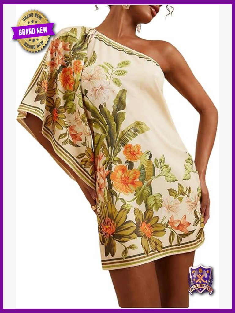 Tropical Mini Summer Dress Floral One Shoulder Sundress Beach Short Dress